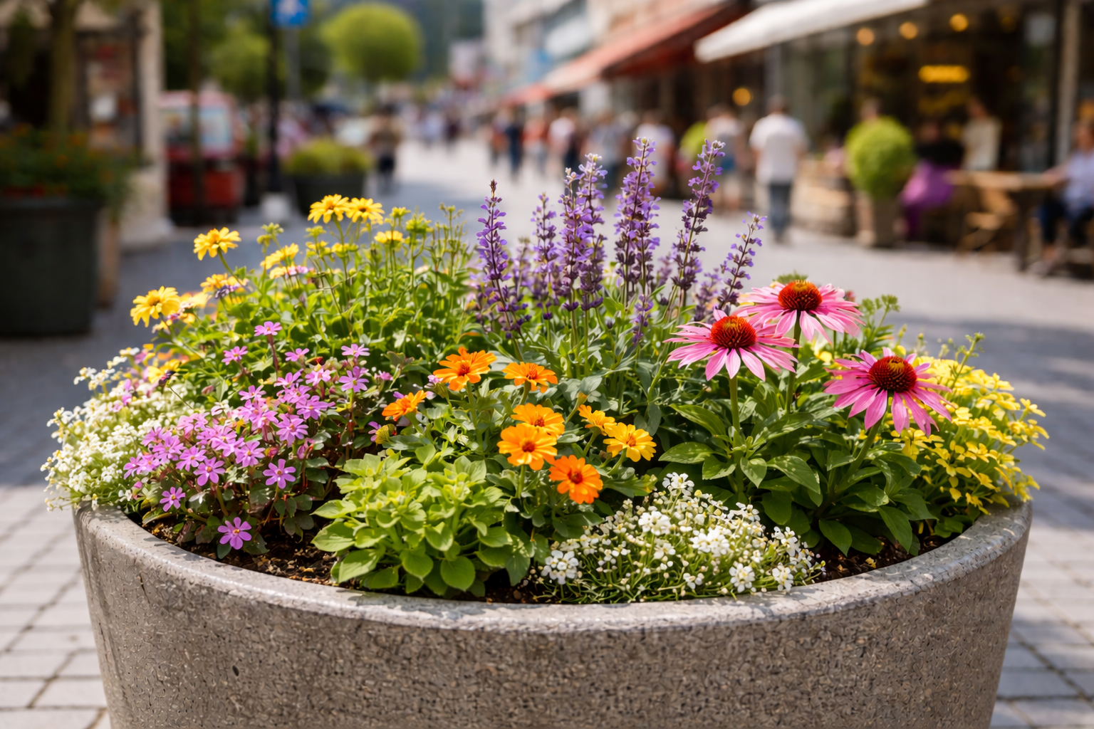 Kita-Kinder bepflanzen fünf Kübel auf der Marktstraße